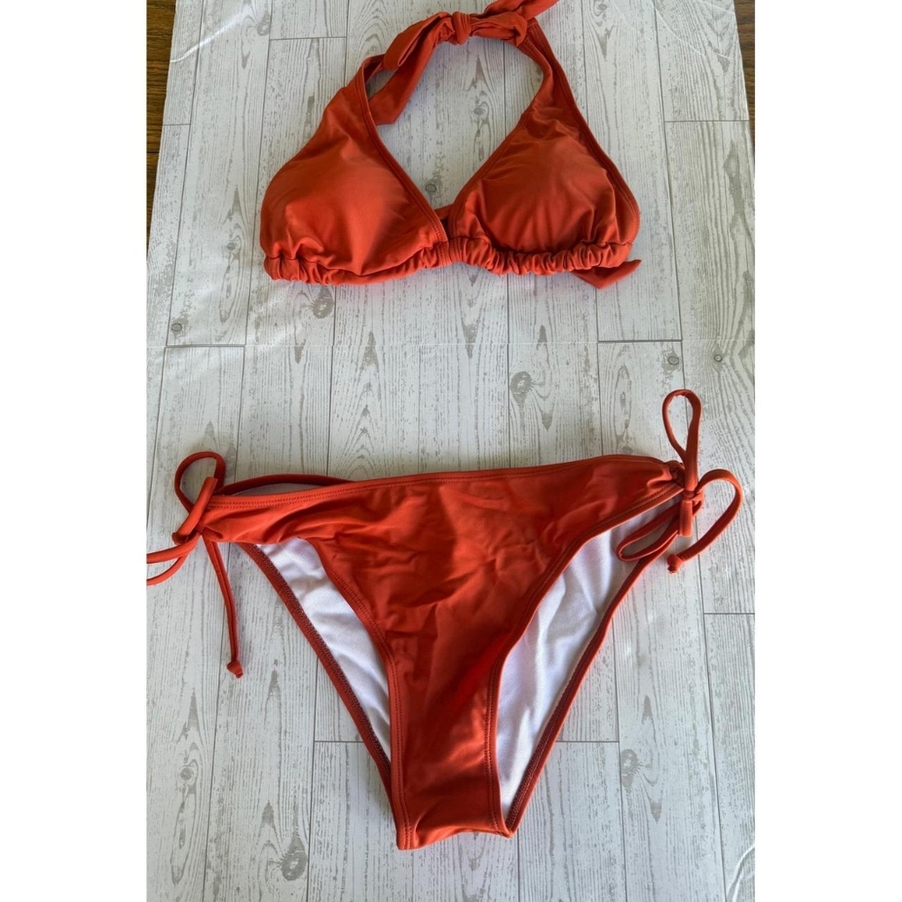 Women's Orange and White Halter Tie Side Triangle Bikini Set